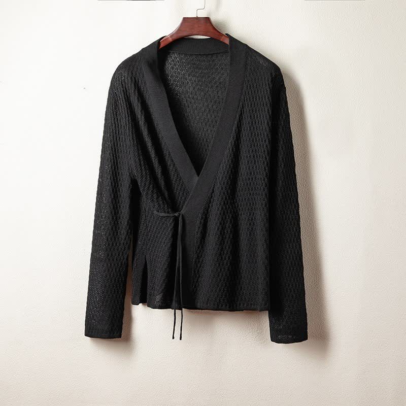 Buddha Stones Kimono homme uni à lacets et col en V, style décontracté printanier - Noir - US/UK/AU42，EU52 (3XL) - image 0