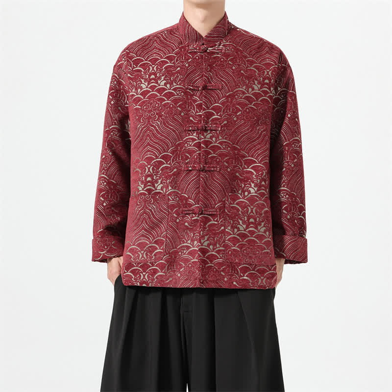 Buddha Stones Veste homme automne-hiver style Tang vintage à col mandarin, boutons brandebourg, motif nuage, en spandex avec poches - FireBrick - US/UK/AU46，EU56 (5XL) - image 0