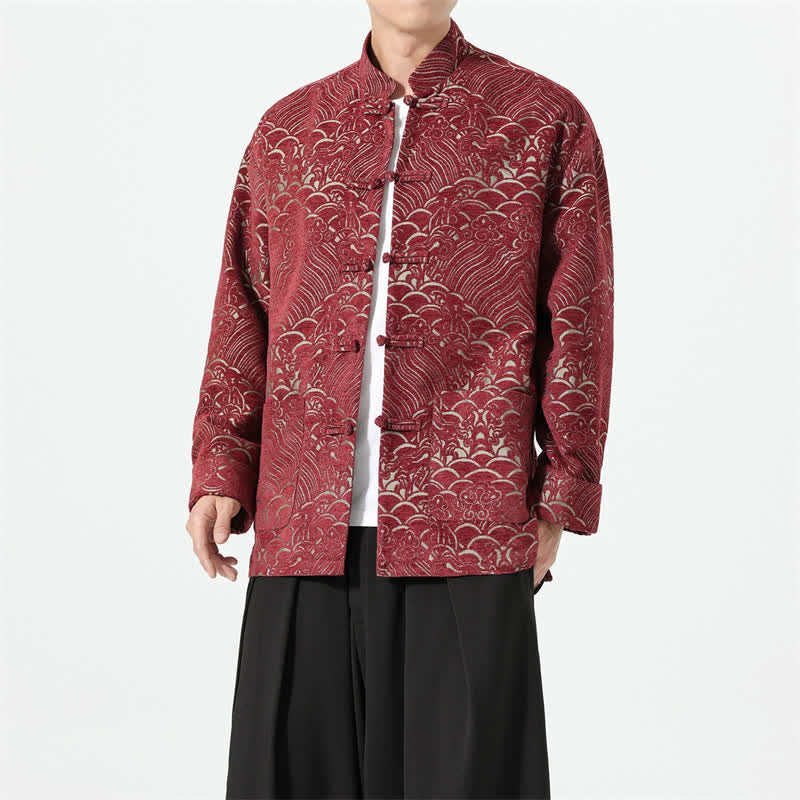 Buddha Stones Veste homme automne-hiver style Tang vintage à col mandarin, boutons brandebourg, motif nuage, en spandex avec poches - image 1