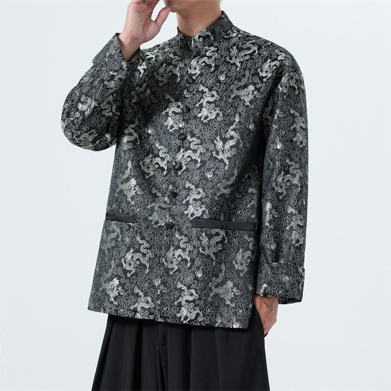 Buddha Stones Veste homme élégante style Tang automne-hiver, col mandarin, motif dragon abstrait et poches - image 1