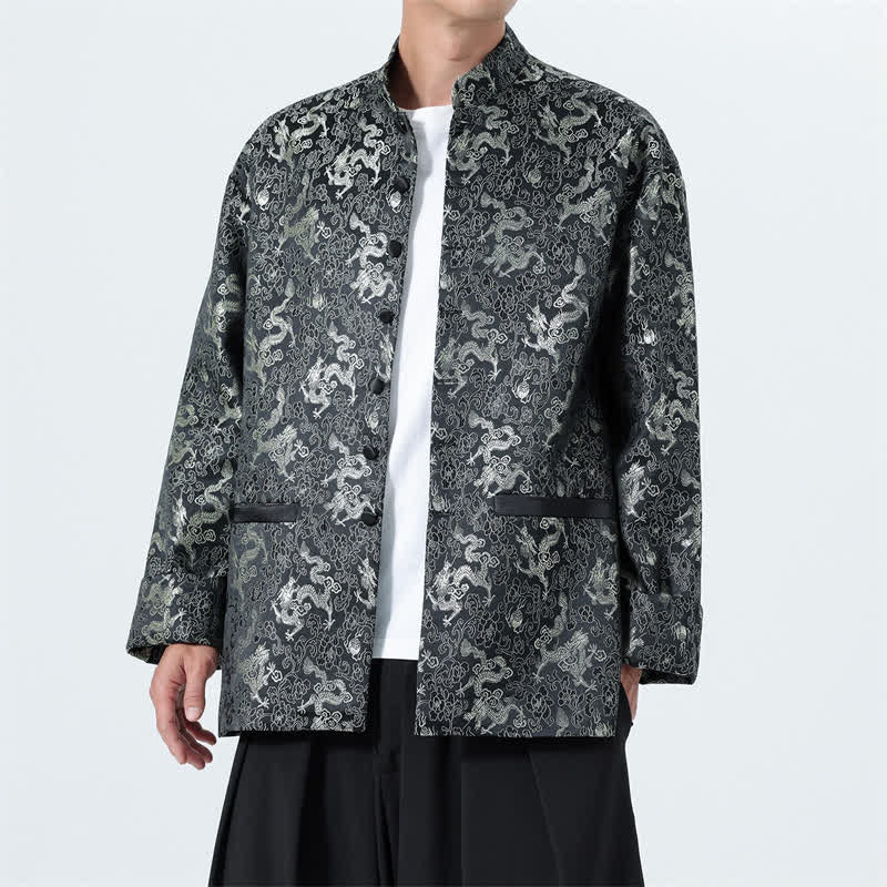 Buddha Stones Veste homme élégante style Tang automne-hiver, col mandarin, motif dragon abstrait et poches - Noir - US/UK/AU46，EU56 (5XL) - image 0