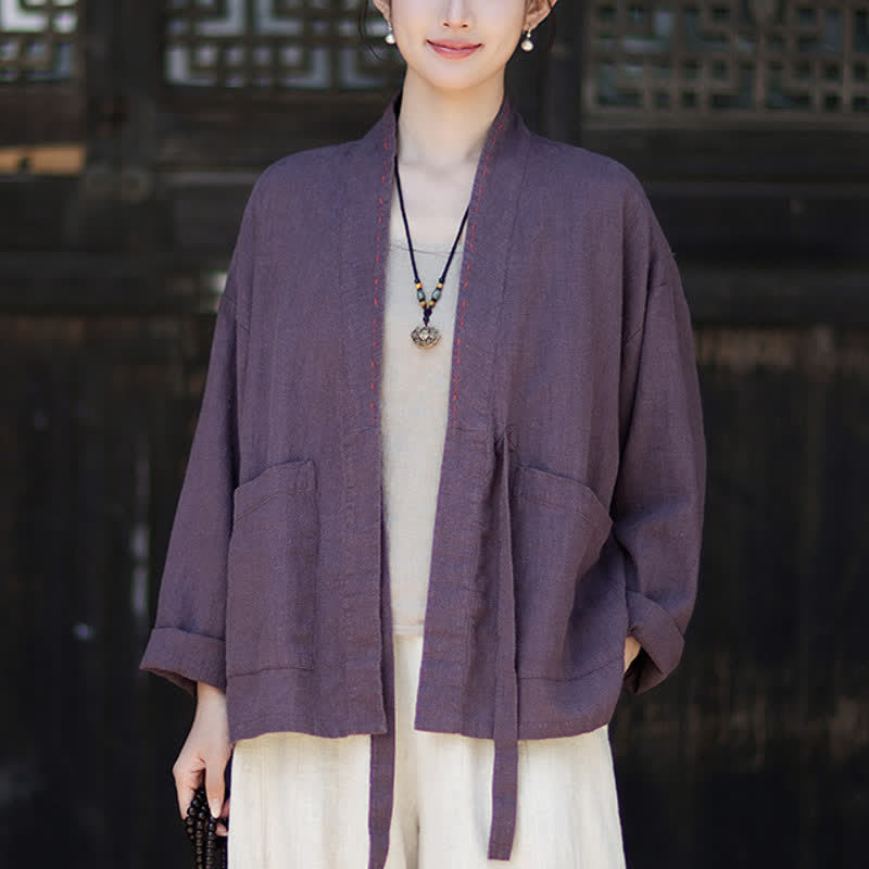 Buddha Stones Kimono femme printemps-été minimaliste décontracté en ramie unie avec poches - RebeccaPurple - US4-6，UK/AU8-10，EU36-38 (F) - image 0