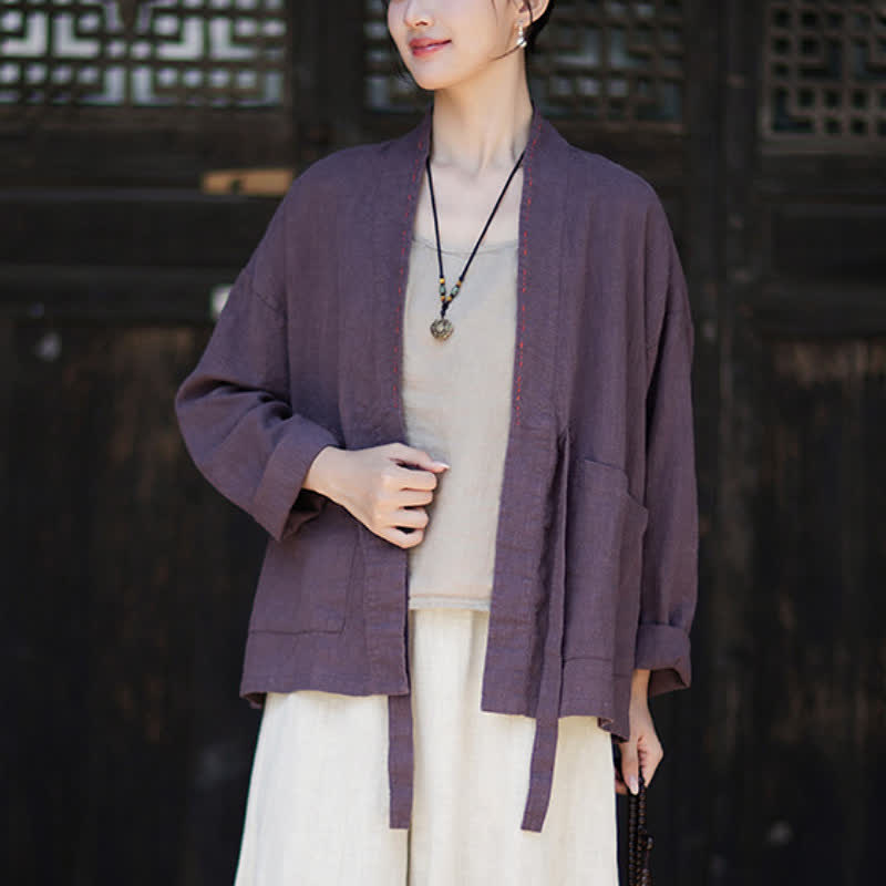Buddha Stones Kimono femme printemps-été minimaliste décontracté en ramie unie avec poches - image 1