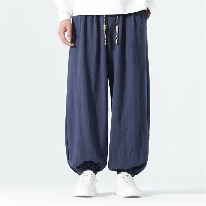 Buddha Stones Pantalon homme décontracté printemps-été minimaliste à cordon de serrage en coton uni, coupe fuselée, avec poches - Marine - US/UK/AU46，EU56 (5XL) - image 0