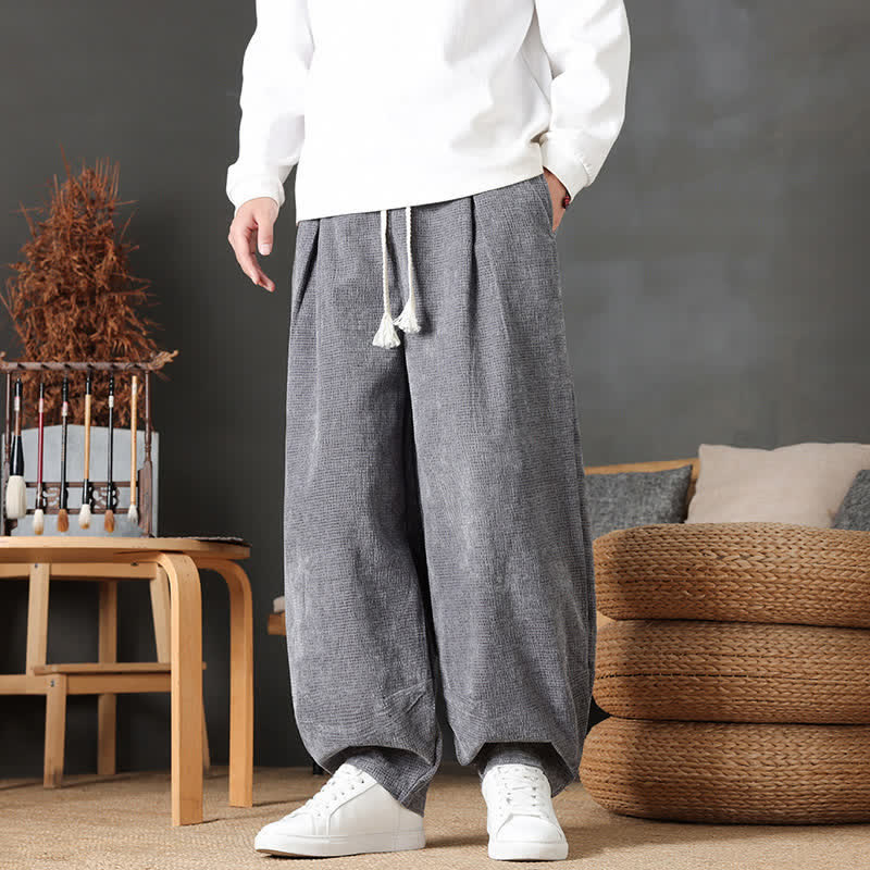 Buddha Stones Pantalon d'automne-hiver décontracté vintage à cordon de serrage, en velours côtelé, coupe droite, avec poches - Gris - US/UK/AU46，EU56 (5XL) - image 0