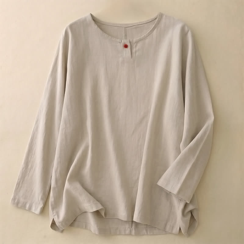 Buddha Stones T-shirt à manches longues en coton uni, style décontracté printemps-automne, col rond. - Lin - US14，UK/AU18，EU46 (2XL) - image 0