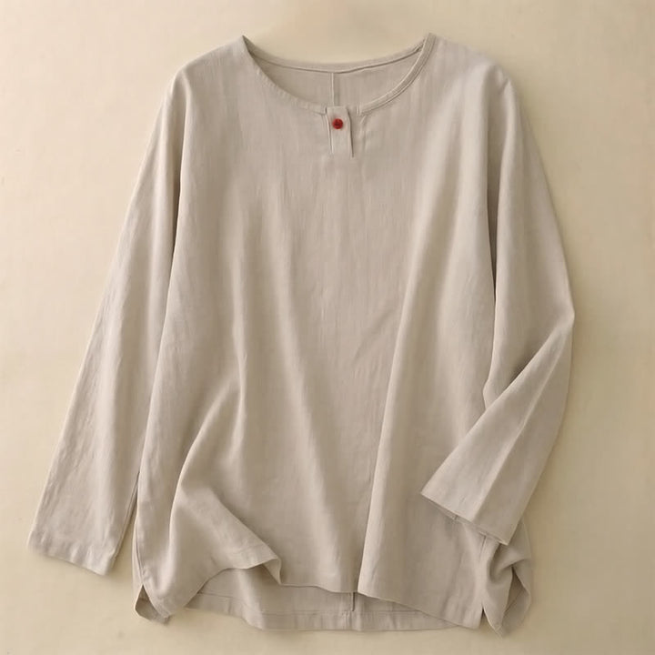 Buddha Stones T-shirt à manches longues en coton uni, style décontracté printemps-automne, col rond. - Lin - US14，UK/AU18，EU46 (2XL) - image 0