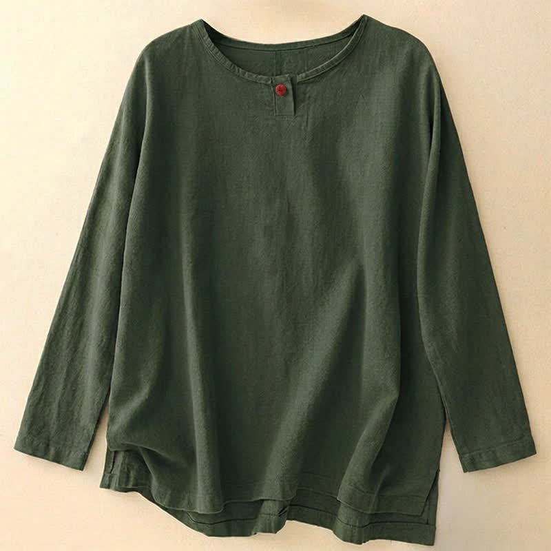 Buddha Stones T-shirt à manches longues en coton uni, style décontracté printemps-automne, col rond. - Vert olive foncé - US14，UK/AU18，EU46 (2XL) - image 9