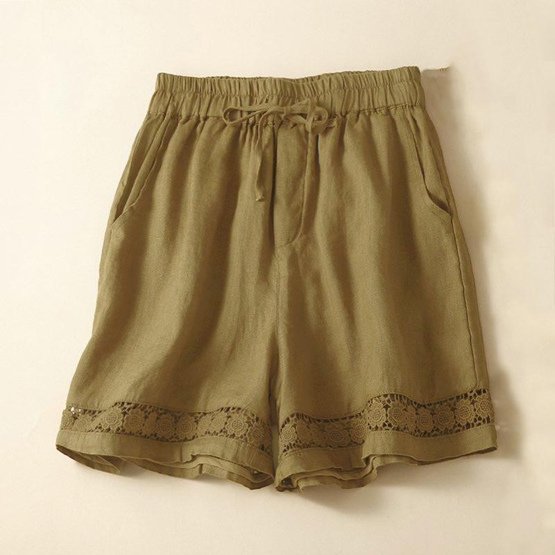Short en coton à lacets avec poches et motif Buddha Stones, couleur unie, bas ajouré - verge d'or - US12，UK/AU16，EU44 (3XL) - image 49