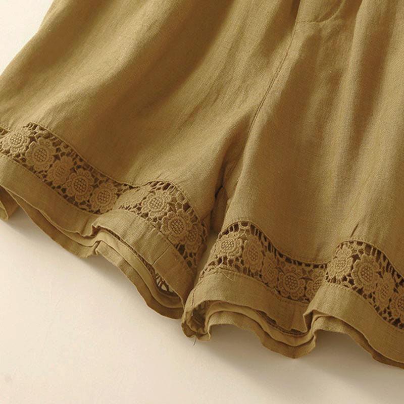 Short en coton à lacets avec poches et motif Buddha Stones, couleur unie, bas ajouré - image 53