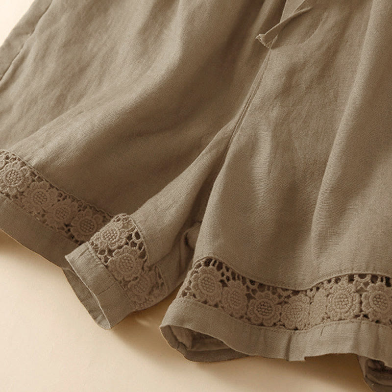 Short en coton à lacets avec poches et motif Buddha Stones, couleur unie, bas ajouré - image 13