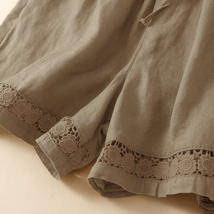 Short en coton à lacets avec poches et motif Buddha Stones, couleur unie, bas ajouré - image 13