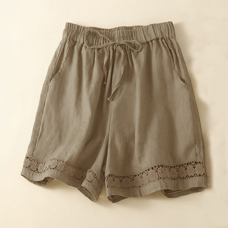Short en coton à lacets avec poches et motif Buddha Stones, couleur unie, bas ajouré - Olive - US12，UK/AU16，EU44 (3XL) - image 9