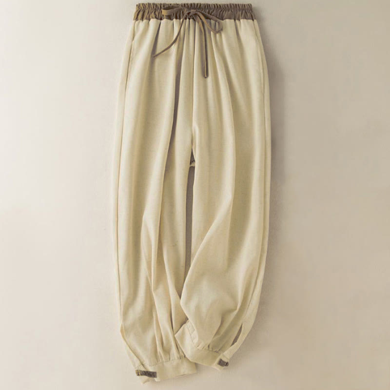 Pantalon sarouel en coton uni avec cordon de serrage et poches pour femme Buddha Stones - Beige - US16，UK/AU20，EU48 (3XL) - image 0