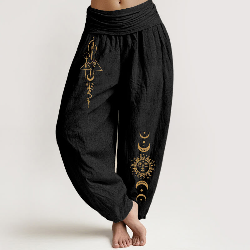 Buddha Stones Pantalon harem femme en pur coton à taille élastique, motif géométrique soleil et lune. - Noir - US16，UK/AU20，EU48 (3XL) - image 0