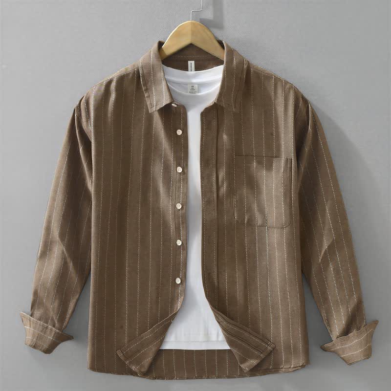 Buddha Stones Chemises à manches longues pour homme, style vintage décontracté, en coton rayé, avec poches, boutonnées - SaddleBrown - US/UK/AU42，EU52 (3XL) - image 0