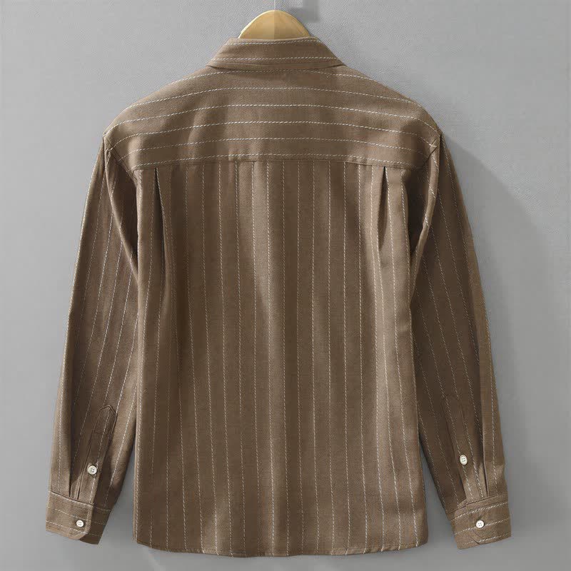 Buddha Stones Chemises à manches longues pour homme, style vintage décontracté, en coton rayé, avec poches, boutonnées - image 1