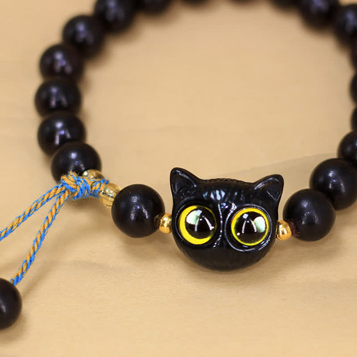 Buddha Stones Bracelet rond tressé avec breloque chat en bois d'ébène - image 4