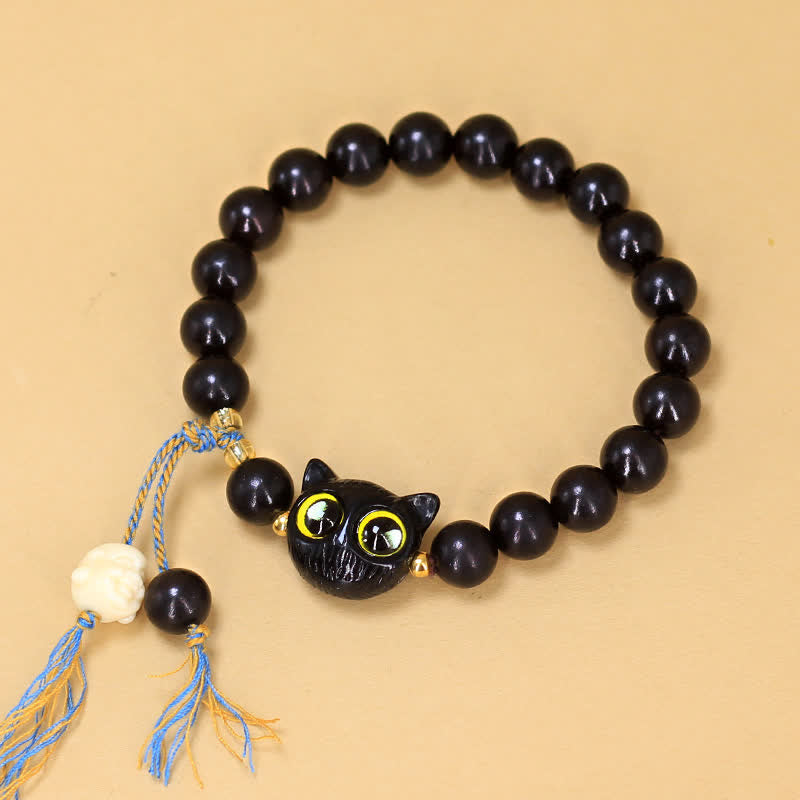 Buddha Stones Bracelet rond tressé avec breloque chat en bois d'ébène - image 2