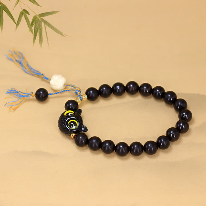 Buddha Stones Bracelet rond tressé avec breloque chat en bois d'ébène - image 3