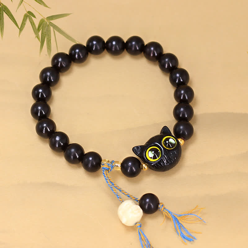 Buddha Stones Bracelet rond tressé avec breloque chat en bois d'ébène - image 1