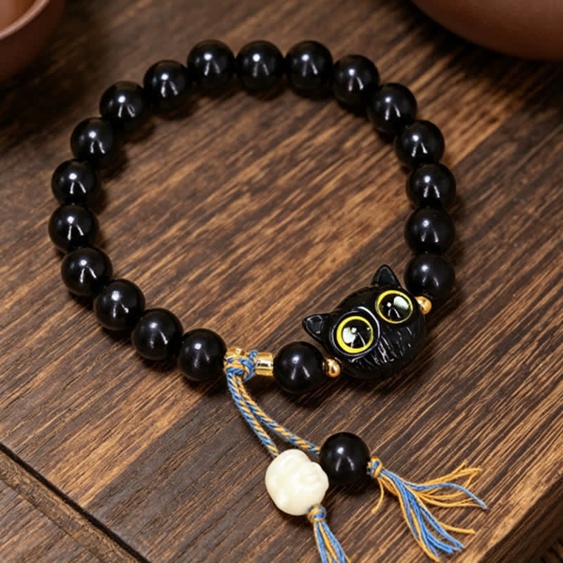 Buddha Stones Bracelet rond tressé avec breloque chat en bois d'ébène - Bois d'ébène (Équilibre ♥ Calme) - image 0