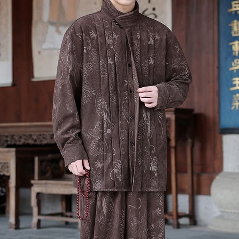 Buddha Stones Vestes homme décontractées automne-hiver style Tang à col mandarin en velours côtelé à motifs abstraits - image 1