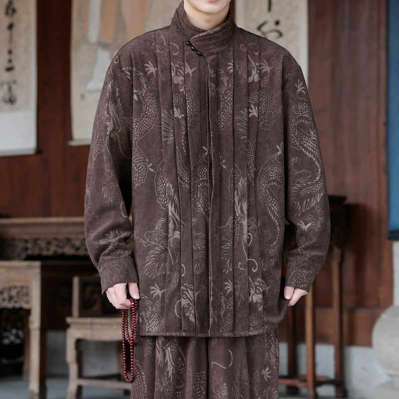 Buddha Stones Vestes homme décontractées automne-hiver style Tang à col mandarin en velours côtelé à motifs abstraits - SaddleBrown - US/UK/AU46，EU56 (5XL) - image 0