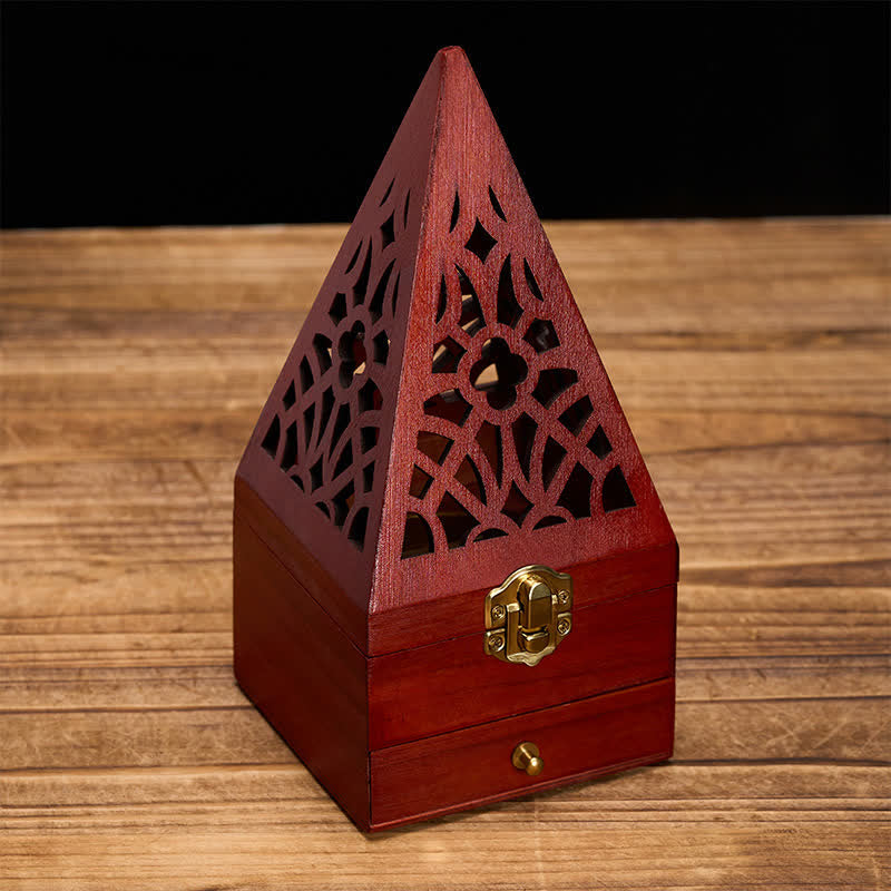 Boîte rituelle carrée en bois naturel Buddha Stones, brûleur d'encens de purification - Grandes pyramides triangulaires du Grand Trou - image 0