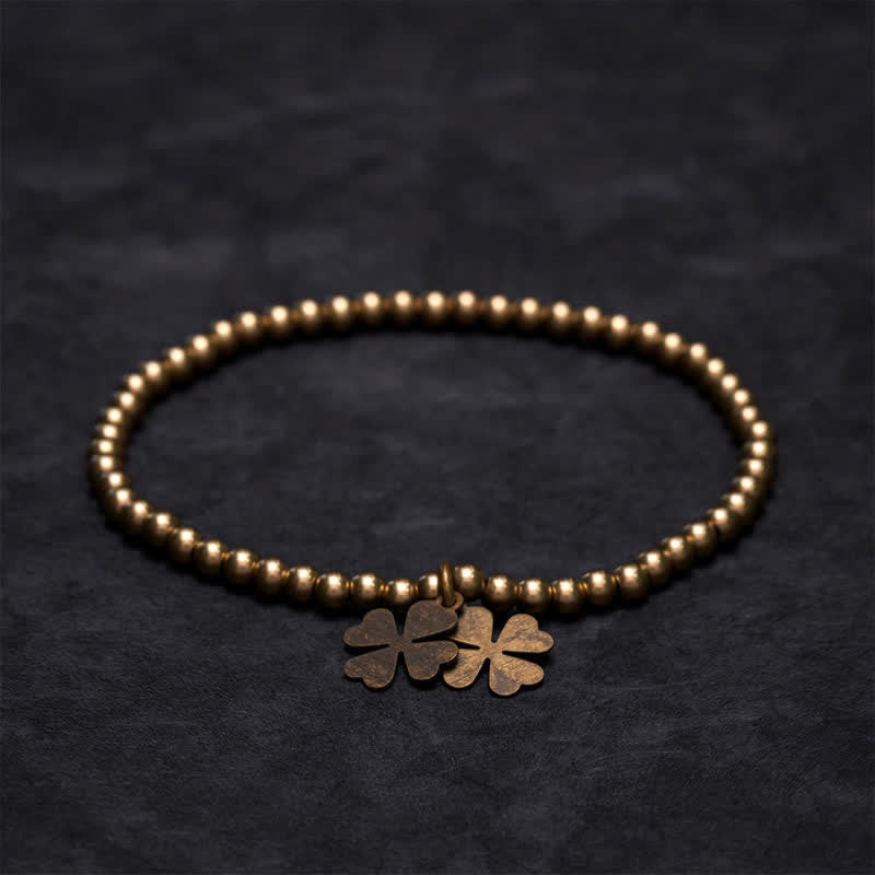 Buddha Stones Bracelet porte-bonheur en perles de cuivre avec breloque trèfle à quatre feuilles - image 1