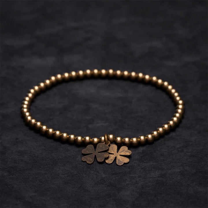 Buddha Stones Bracelet porte-bonheur en perles de cuivre avec breloque trèfle à quatre feuilles - image 1