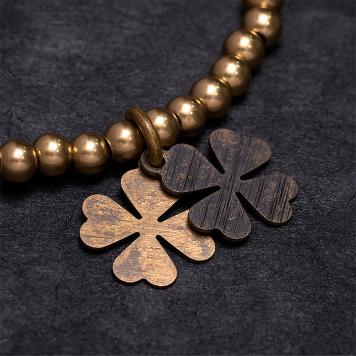 Buddha Stones Bracelet porte-bonheur en perles de cuivre avec breloque trèfle à quatre feuilles - image 4