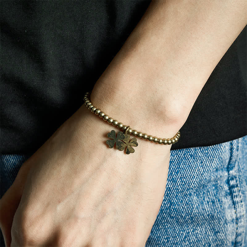 Buddha Stones Bracelet porte-bonheur en perles de cuivre avec breloque trèfle à quatre feuilles - image 3