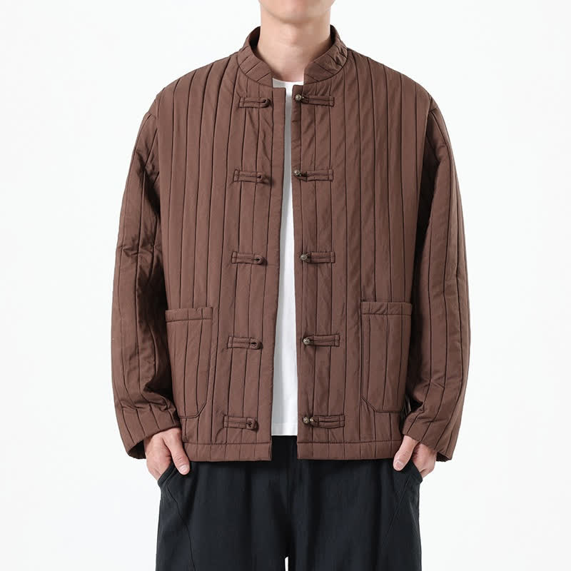 Buddha Stones Veste homme décontractée automne-hiver style Tang à boutons brandebourg, unie, avec poche - SaddleBrown - US/UK/AU46，EU56 (5XL) - image 0
