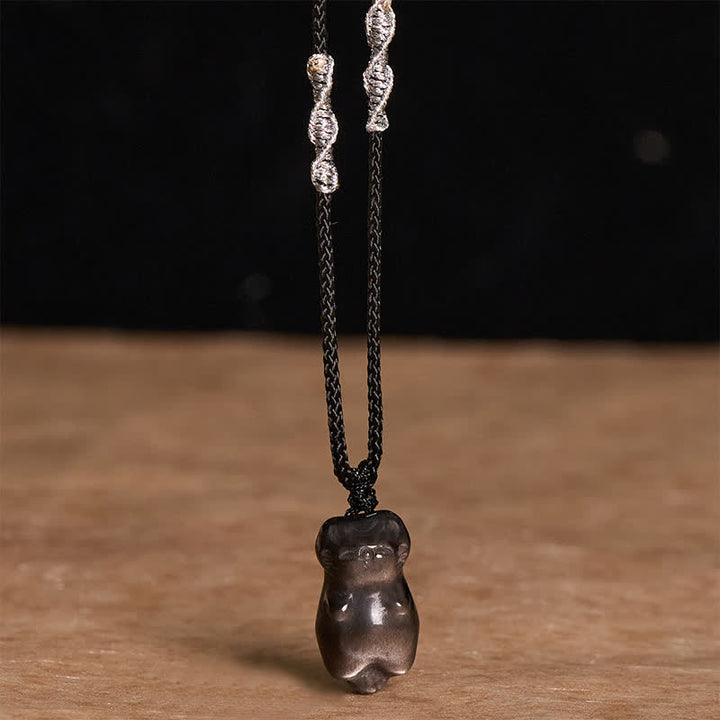Buddha Stones Collier pendentif chat en obsidienne argentée avec cordon tressé, symbole de mise à la terre - image 2