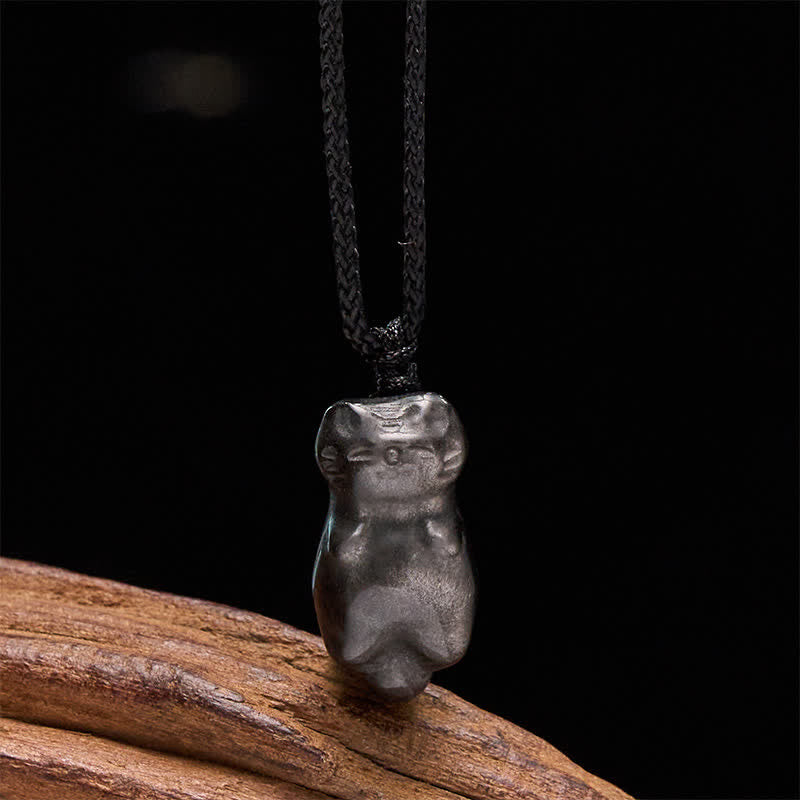 Buddha Stones Collier pendentif chat en obsidienne argentée avec cordon tressé, symbole de mise à la terre - Obsidienne à reflets argentés (Ancrage ♥ Intuition) - image 0