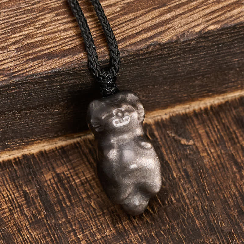 Buddha Stones Collier pendentif chat en obsidienne argentée avec cordon tressé, symbole de mise à la terre - image 3
