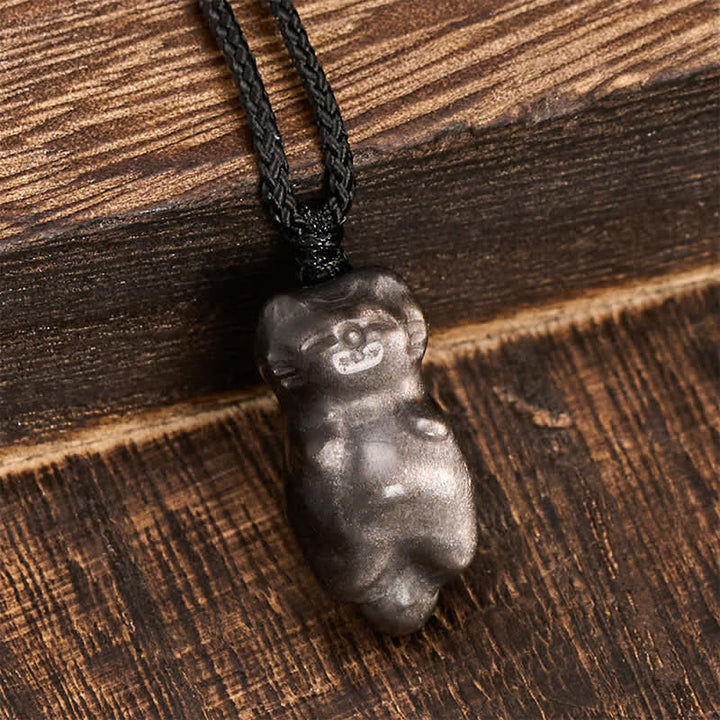 Buddha Stones Collier pendentif chat en obsidienne argentée avec cordon tressé, symbole de mise à la terre - image 3