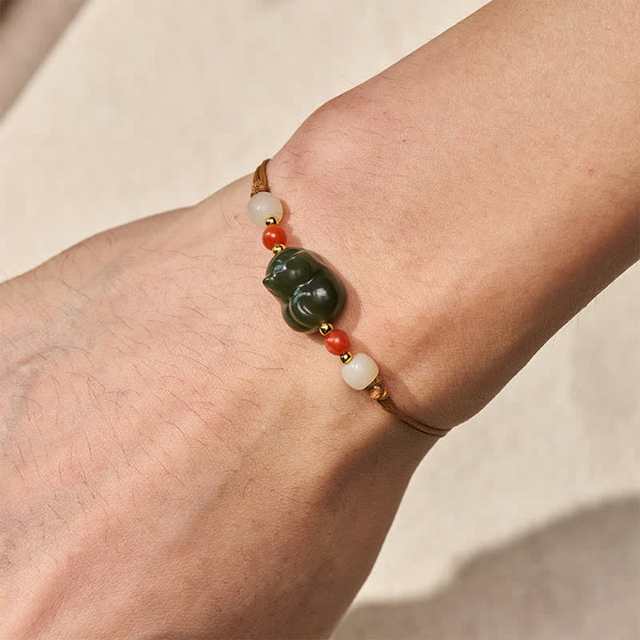 Buddha Stones Bracelet d'abondance en jade naturel de Hetian, tissé à la main, en forme de chat. - image 4