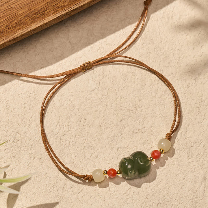 Buddha Stones Bracelet d'abondance en jade naturel de Hetian, tissé à la main, en forme de chat. - Jade (Chance ♥ Harmonie) - image 0