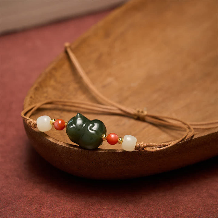Buddha Stones Bracelet d'abondance en jade naturel de Hetian, tissé à la main, en forme de chat. - image 3