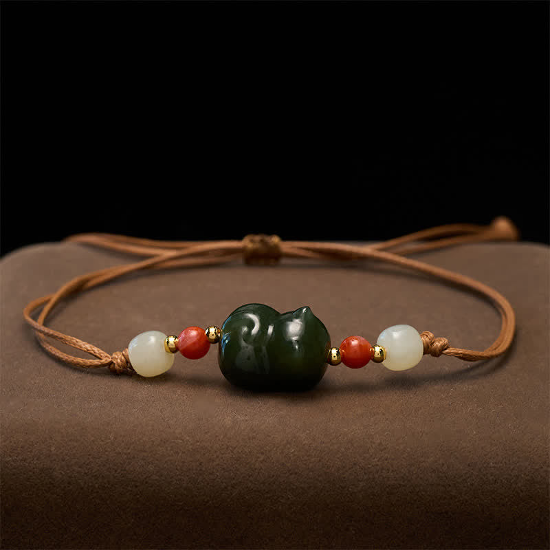 Buddha Stones Bracelet d'abondance en jade naturel de Hetian, tissé à la main, en forme de chat. - image 2