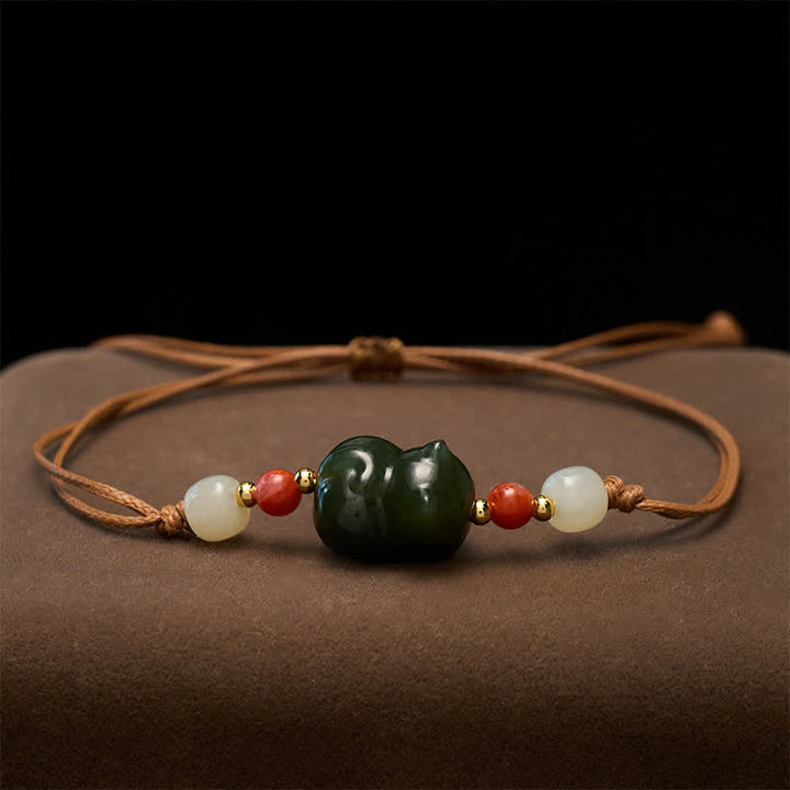 Buddha Stones Bracelet d'abondance en jade naturel de Hetian, tissé à la main, en forme de chat. - image 2