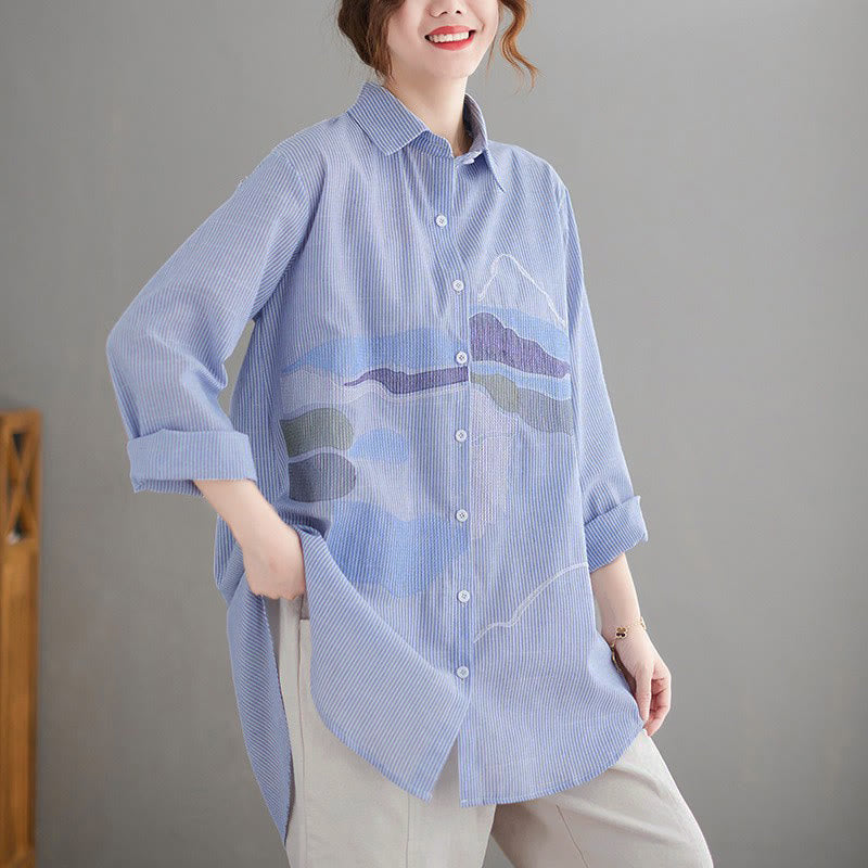 Buddha Stones Chemises à manches longues pour femmes, style vintage décontracté, à boutons, avec motifs abstraits de nuages, idéales pour le printemps et l'automne. - Bleu clair - US14, UK/AU18, EU46 (4XL) - image 0