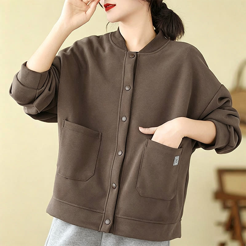 Buddha Stones Veste d'automne minimaliste décontractée à boutons pour femme, unie, avec poches - image 2