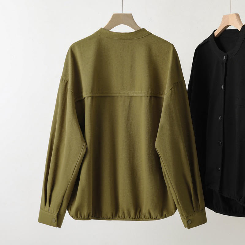 Buddha Stones Veste femme unie style Tang, col mandarin, style décontracté d'automne, avec poche plaquée - image 1