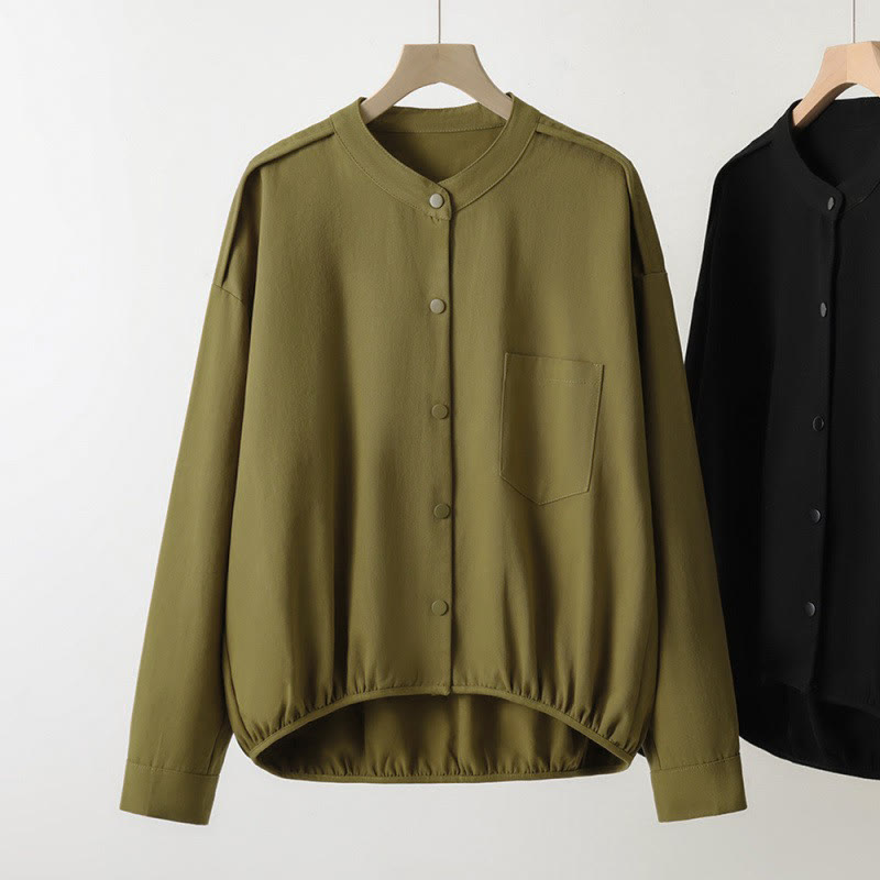 Buddha Stones Veste femme unie style Tang, col mandarin, style décontracté d'automne, avec poche plaquée - DarkKhaki - US8-10, UK/AU12-14, EU40-42 (2XL) - image 0