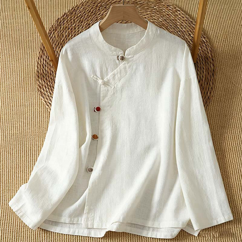 Buddha Stones Chemises à manches longues pour femmes, style vintage printemps-automne, bouton grenouille, unies - Blanc - US8-10, UK/AU12-14, EU40-42 (2XL) - image 0