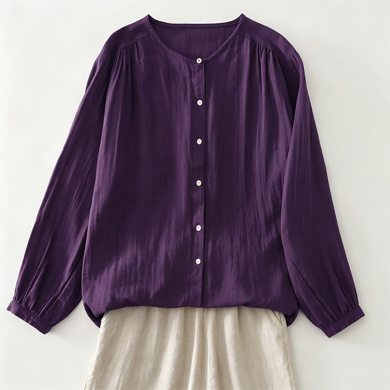 Buddha Stones Chemises à manches longues boutonnées unies pour femmes, style vintage décontracté printemps-automne - RebeccaPurple - US12, UK/AU16, EU44 (2XL) - image 0