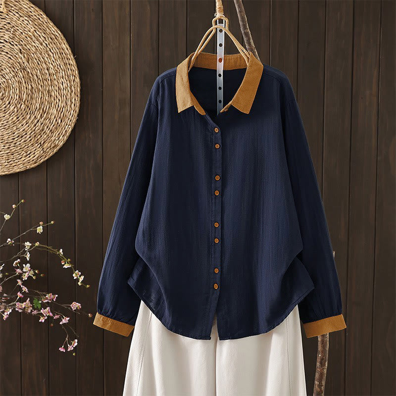 Buddha Stones Chemises à manches longues pour femmes, style vintage décontracté printanier, boutonnées, col contrastant - Bleu nuit - US12, UK/AU16, EU44 (3XL) - image 0